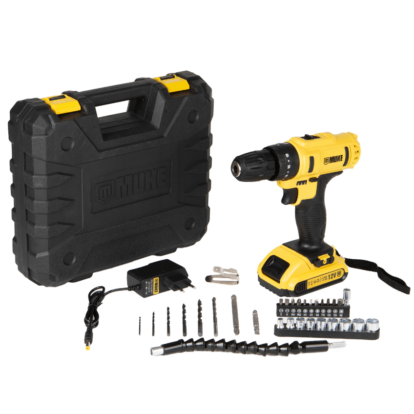 Parafusadeira E Furadeira De Impacto A Bateria 12v 3/8 10mm Muke Tools Com 30 Acessórios E Maleta