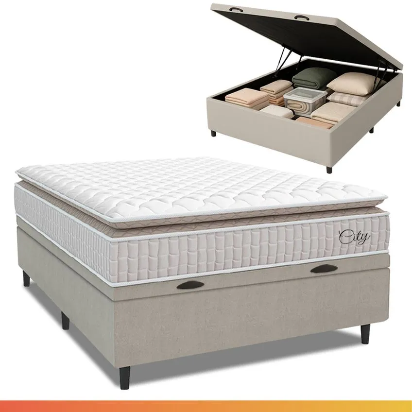 Cama Box Baú Colchão Casal Molas Ensacadas City Pillow Top 138x188x64cm Branco / Bege Hellen - Suporta até 110kg por Pessoa