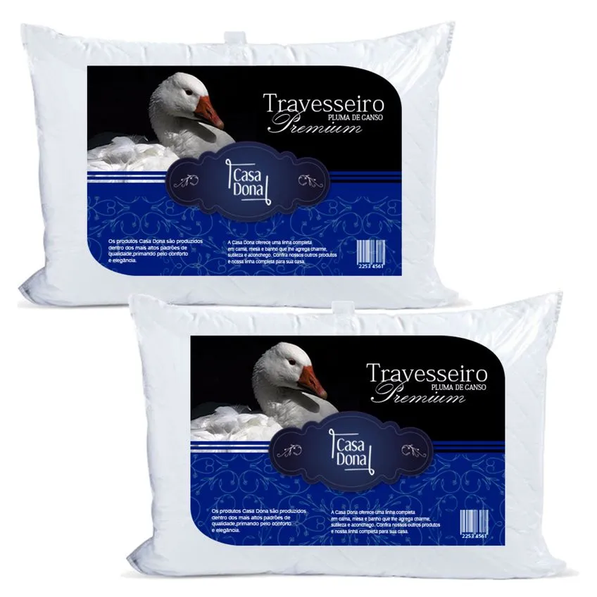 Kit 2 Travesseiros Pluma de Ganso Premium 50x70cm Casa Dona 200 Fios Branco