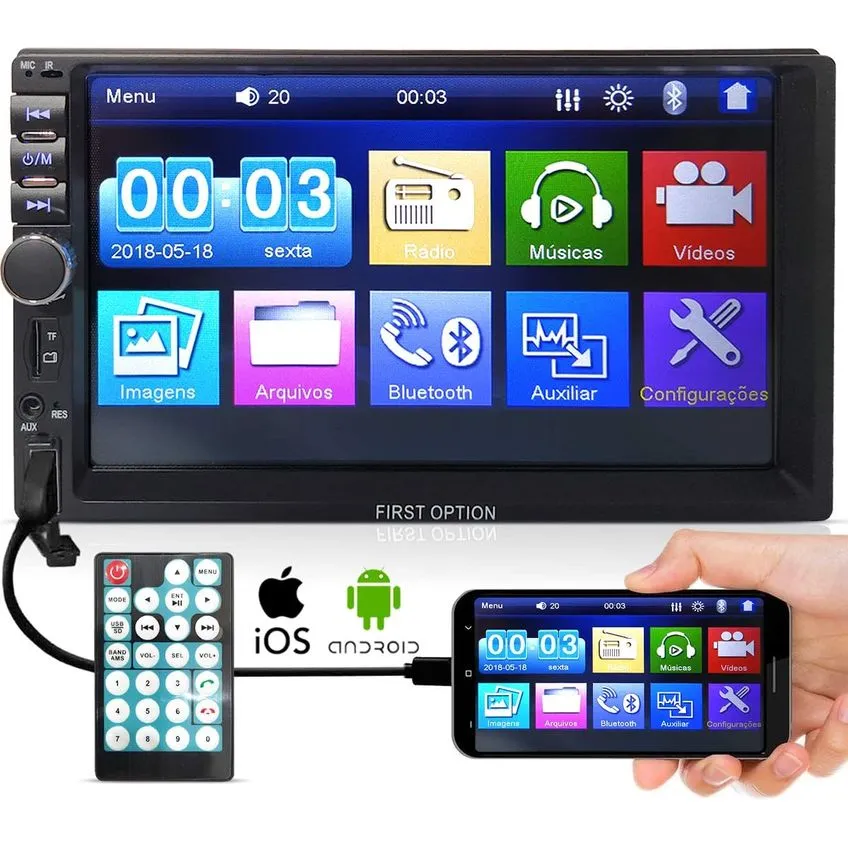 Central Multimídia Universal MP5 Tela 7 Espelhamento BT USB SD Aux Rádio