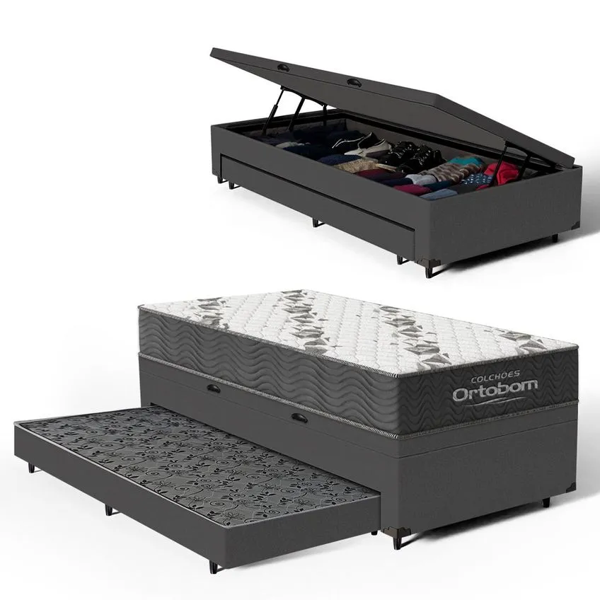 Cama Box Baú + Colchão De Espuma D33 Ortobom Airtech 100 + Auxiliar Unique Solteiro 88 cm - Cinza