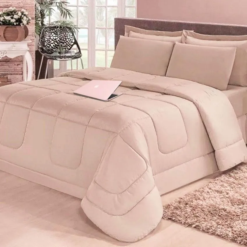 Kit 6 Peças Edredom Dupla Face Premium Luxo Casa Dona Casal Queen Bege