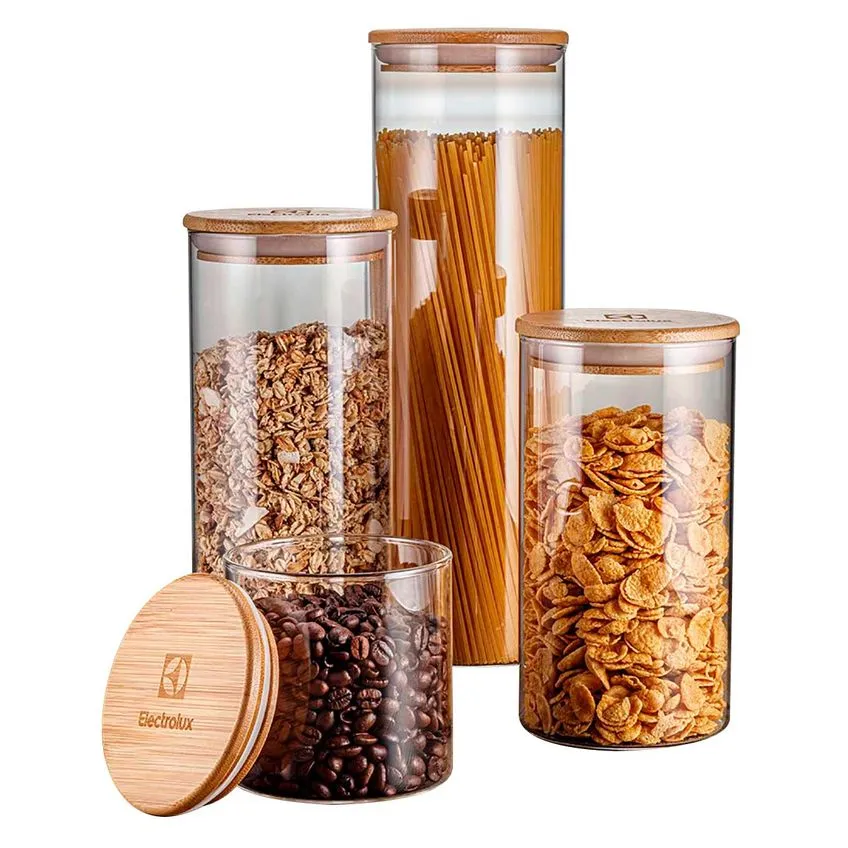 Kit 4 Potes de Vidro Herméticos Porta Mantimentos com Tampa de Bambu Electrolux